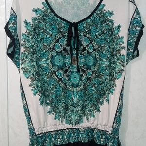 Claudia Richard Teal & Black Floral Medallion Blouse Size Large